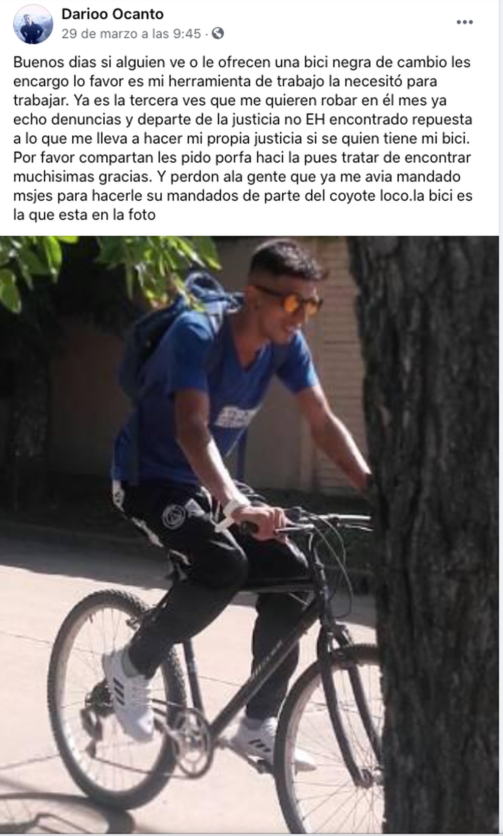 Darío Ocanto, el cadete que por la solidaridad de un vecino recuperó su bicicleta.