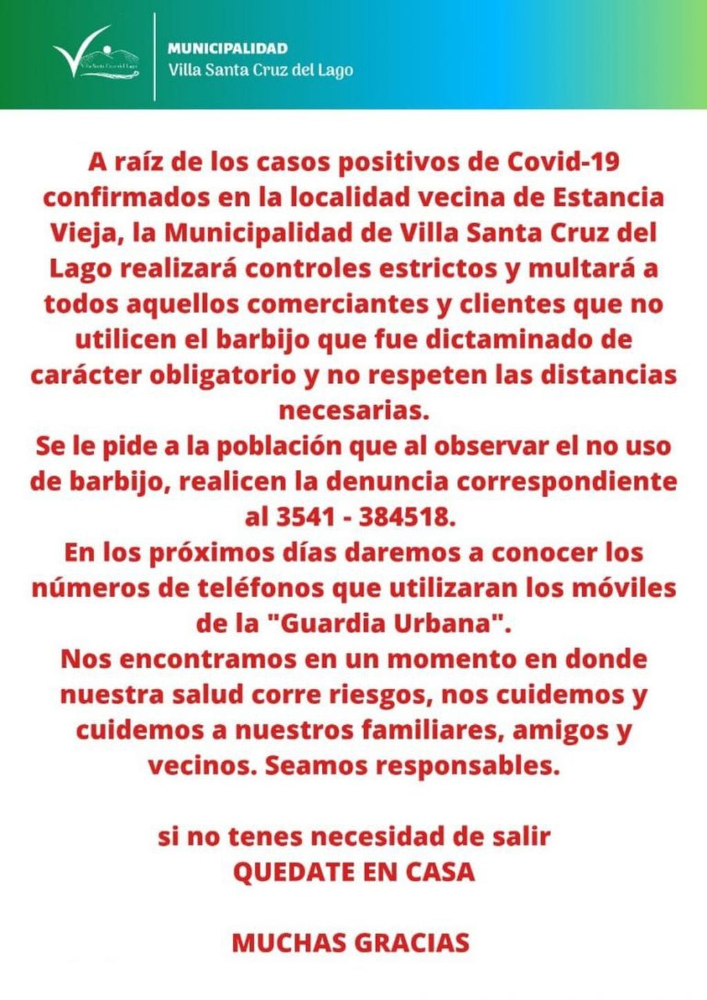 El comunicado difundido este viernes por la Municipalidad de Villa Santa Cruz del Lago.