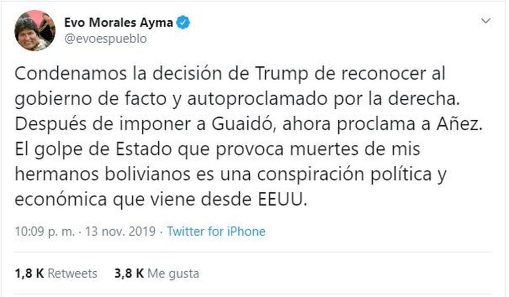 "Condenamos la decisión de Trump de reconocer al gobierno de facto y autoproclamado por la derecha", escribió Morales. (Twitter)