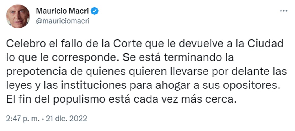 Mauricio Macri celebró el fallo de la Corte.