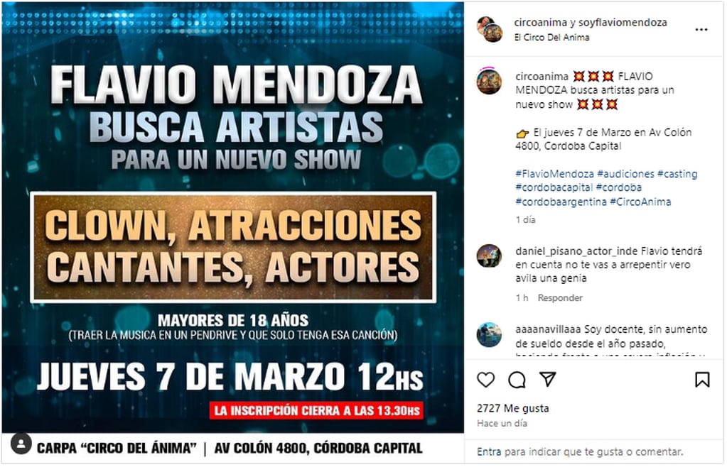 Flavio Mendoza busca artistas en Córdoba para un nuevo show.