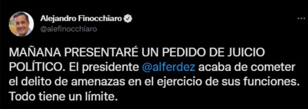 El diputado de Juntos por el Cambio Alejandro Finocchiaro pedirá un juicio político para Alberto Fernández.