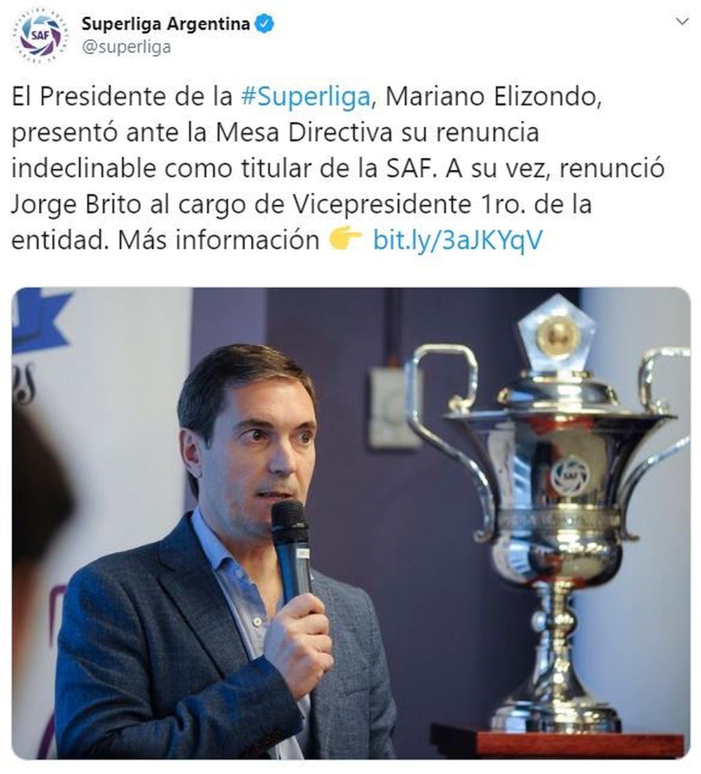 Mariano Elizondo renunció a la presidencia de la Superliga. (Twitter/@superliga)