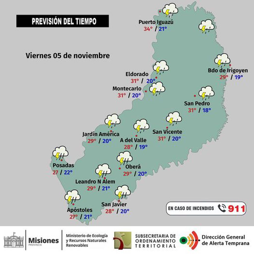 Viernes con probabilidad de precipitaciones en la provincia de Misiones.