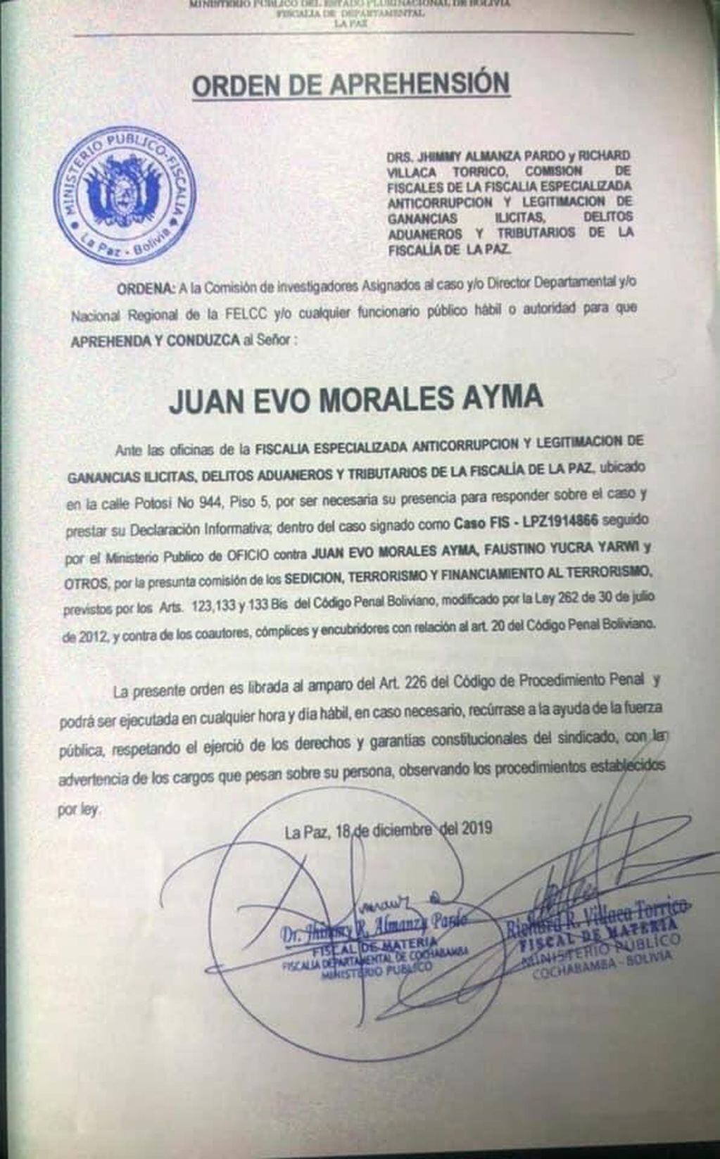 Orden de detención contra Evo Morales.