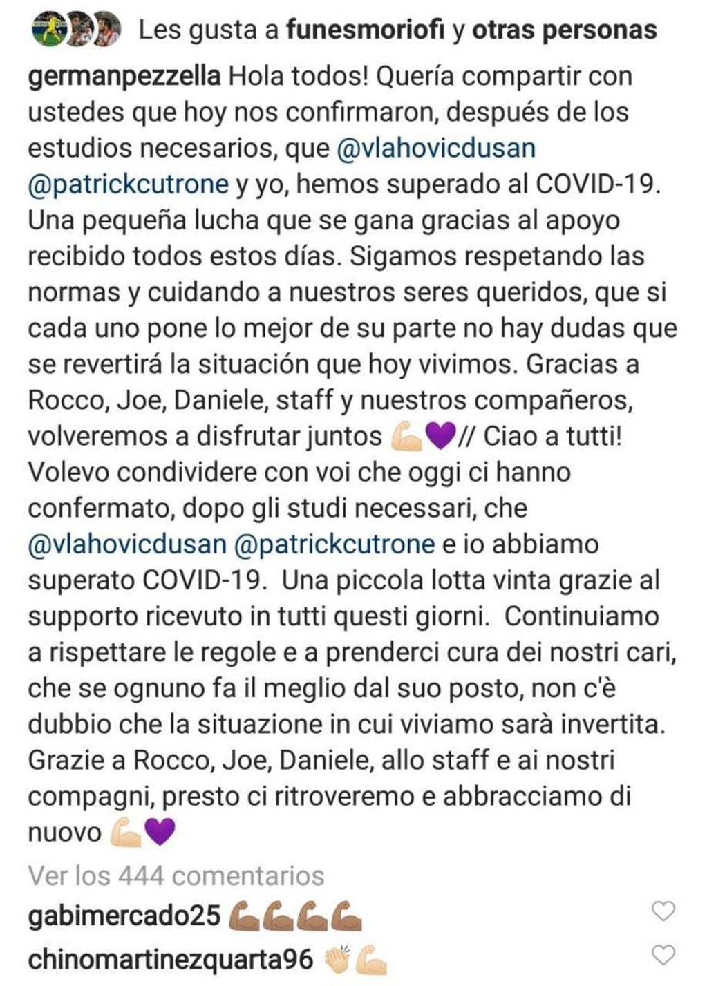 El mensaje en la cuenta de Instagram de Germán Pezzella