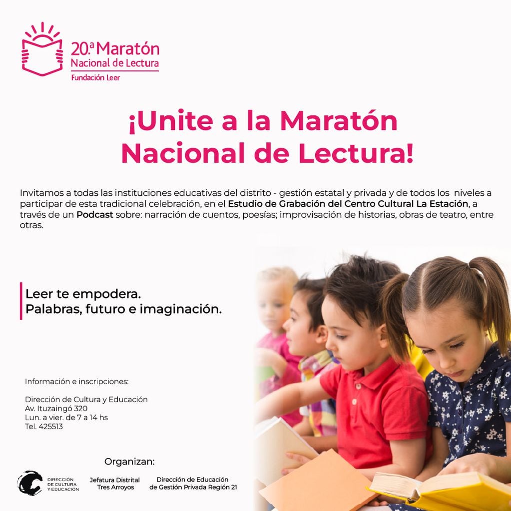 20º Maratón Nacional de Lectura: Convocatoria a Establecimientos Educativos del Distrito de Tres Arroyos