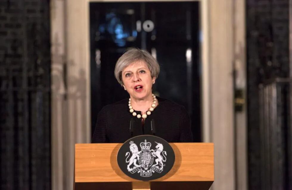 La primera ministra britu00e1nica, Theresa May, habla el 22/03/2017 en la sede delu00a0Gobierno,u00a0Downing Street 10, Reino Unido. May condenó los atentados perpetrados a las puertas del Parlamento en el centro de Londres como 