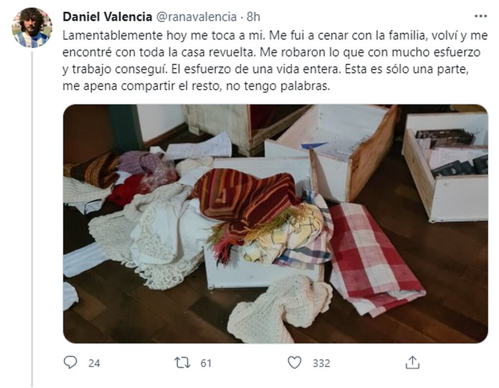 Valencia narró lo sucedido a través de su cuenta de Twitter.
