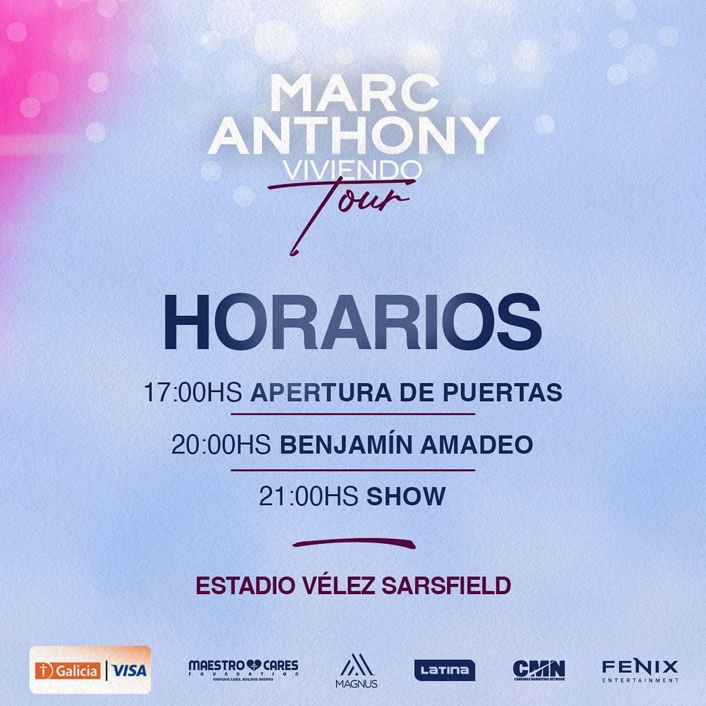 Horarios para el show de Marc Anthony en Vélez