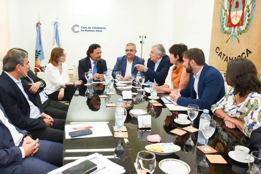Los gobernadores Gustavo Sáenz de Salta, Raúl Jalil de Catamarca y Gerardo Morales de Jujuy, se reunieron este martes en Buenos Aires con demás miembros de la Mesa del Litio.
