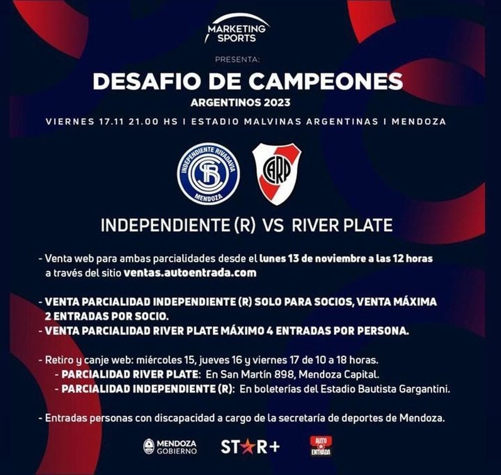 La información sobre la venta de entradas para el duelo entre Independiente Rivadavia vs River Plate