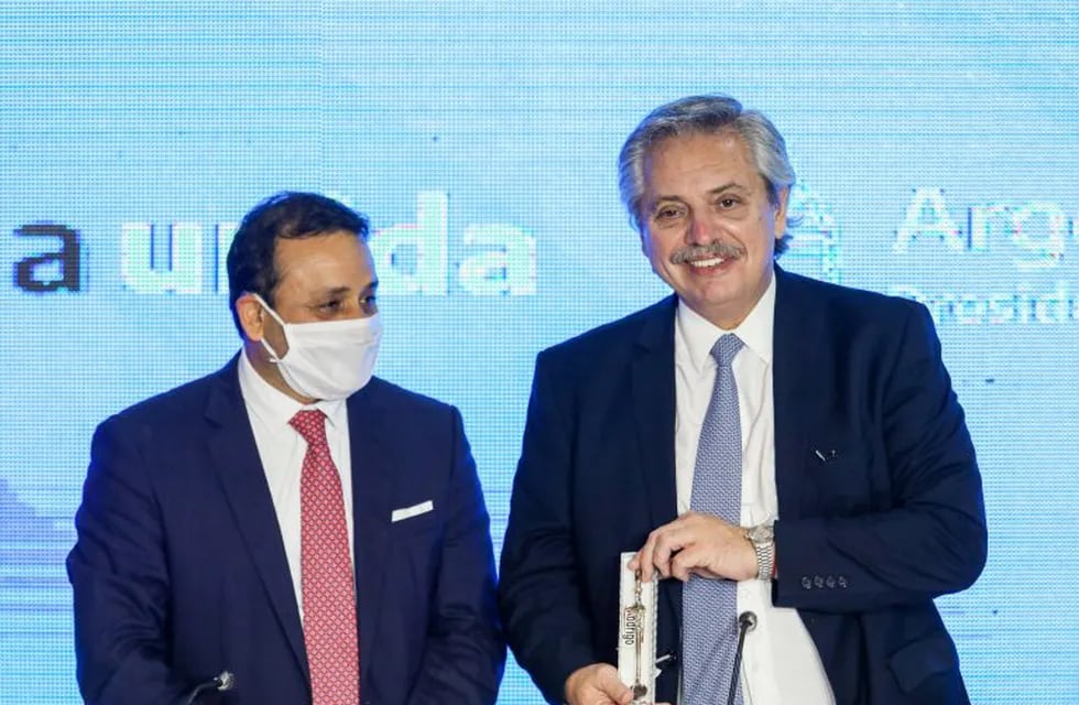 El gobernador Oscar Herrera Ahuad junto al presidente Alberto Fernández de visita en Misiones. (Presidencia)
