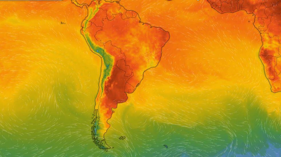 Las temperaturas del lunes 10 en Argentina, entre las más altas del mundo. (Captura de Windy)