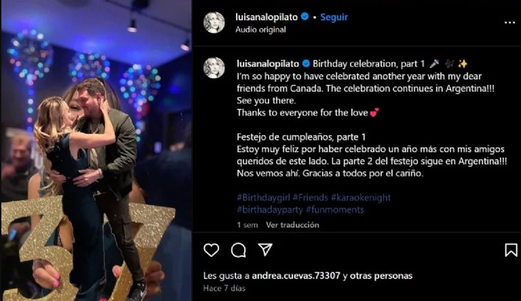 Luisana Lopilato celebró su cumpleaños en Canadá y anunció la segunda parte en Argentina.