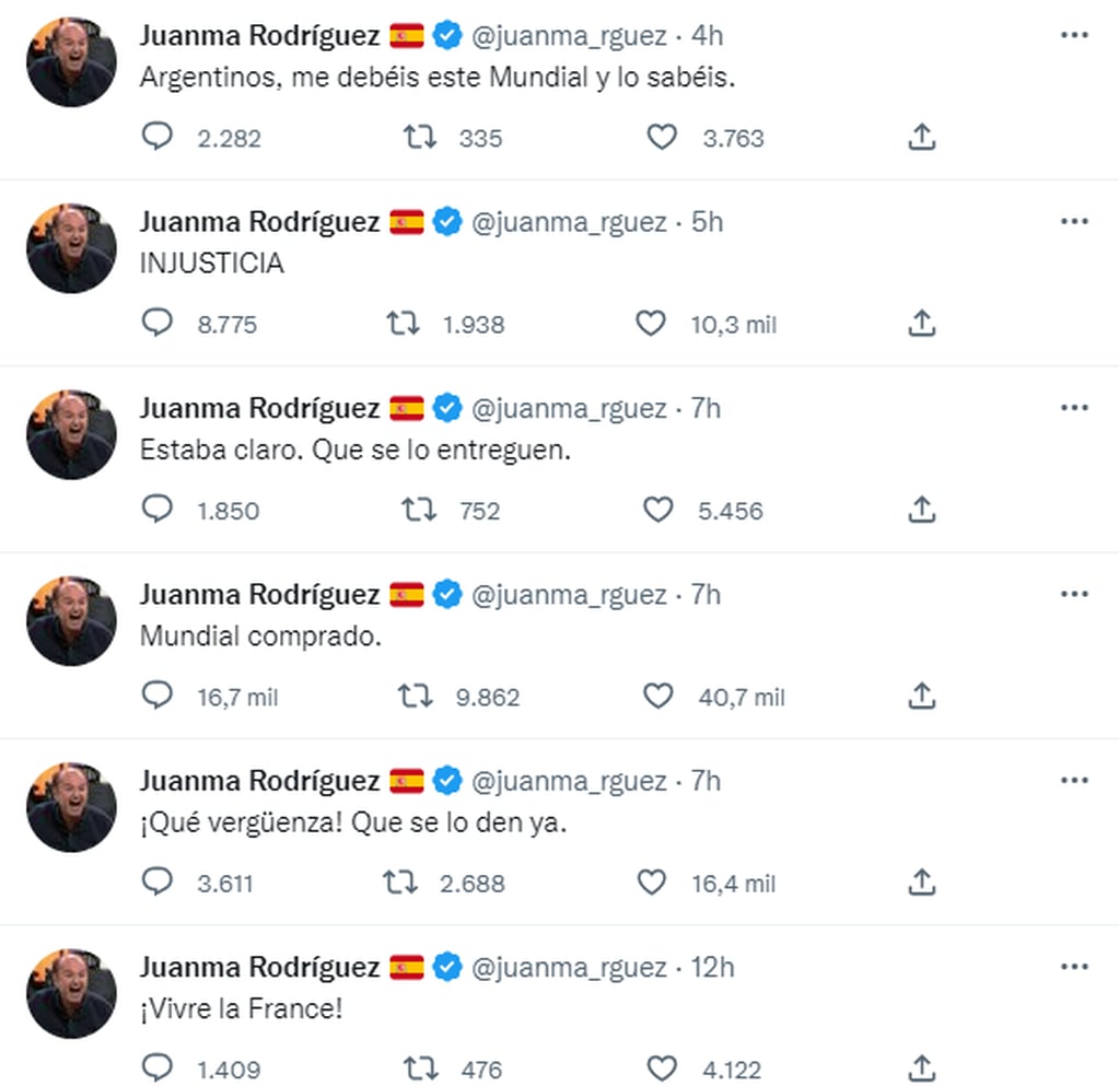Los polémicos tuits de Juanma Rodríguez, el periodista español que deseó que Argentina perdiera contra Croacia.