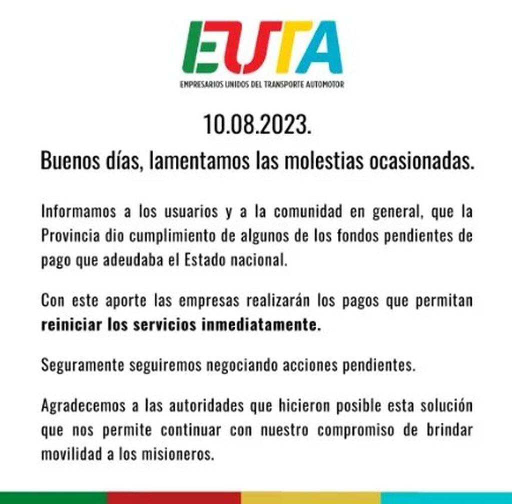 EUTA informó que levantarán el paro de colectivos en Misiones.