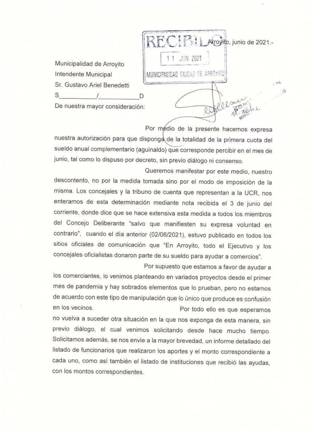 Carta presentada por Bloque UCR al intendente de Arroyito