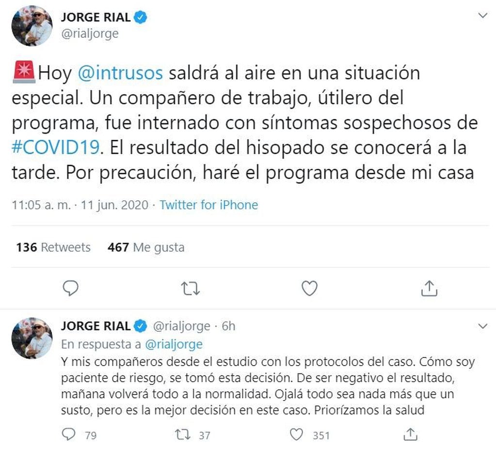 Jorge Rial confirmó que un trabajador de América podría tener coronavirus (Foto: captura Twitter)