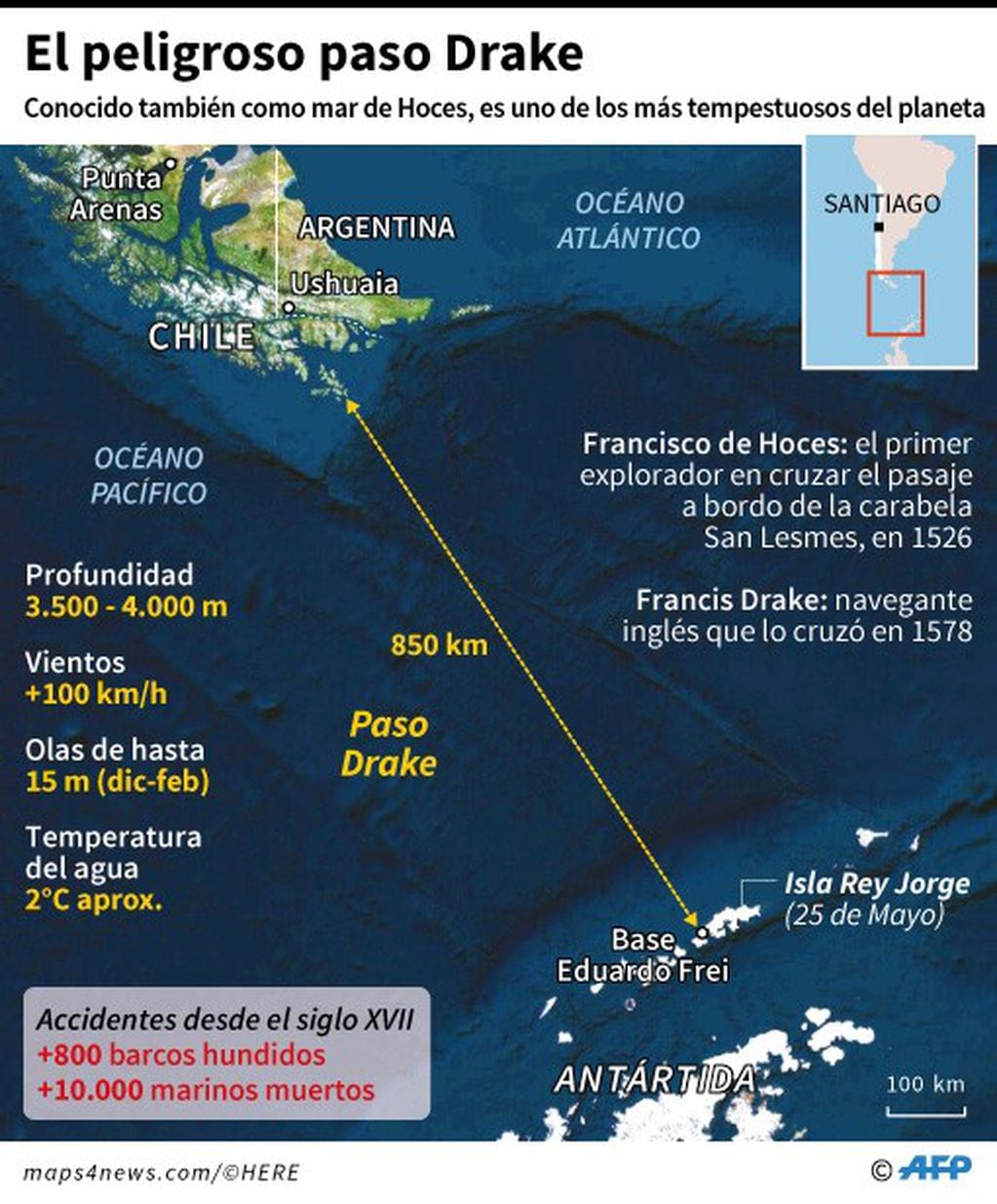 Localización y datos del tempestuoso paso Drake, donde un avión militar chileno desapareció el lunes con 38 personas a bordo - AFP / AFP