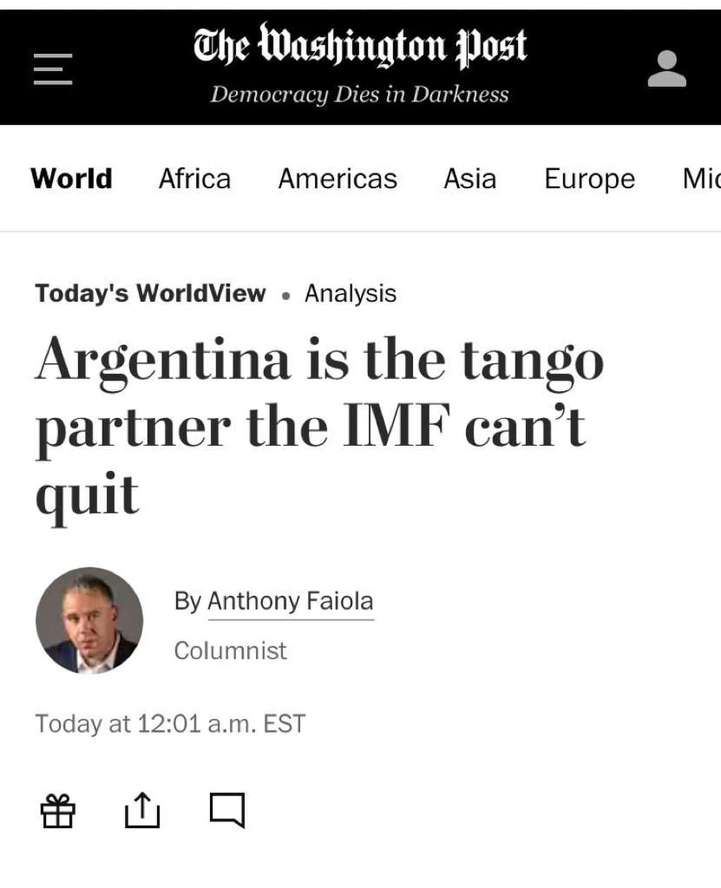 El artículo publicado por el diario sobre el acuerdo de Argentina con el FMI.