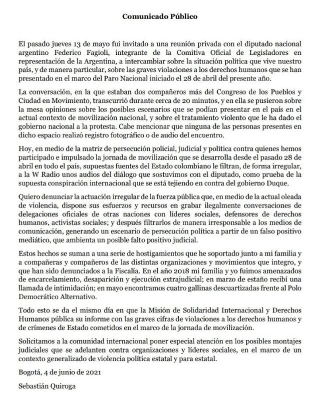 El comunicado de Sebastián Quiroga.