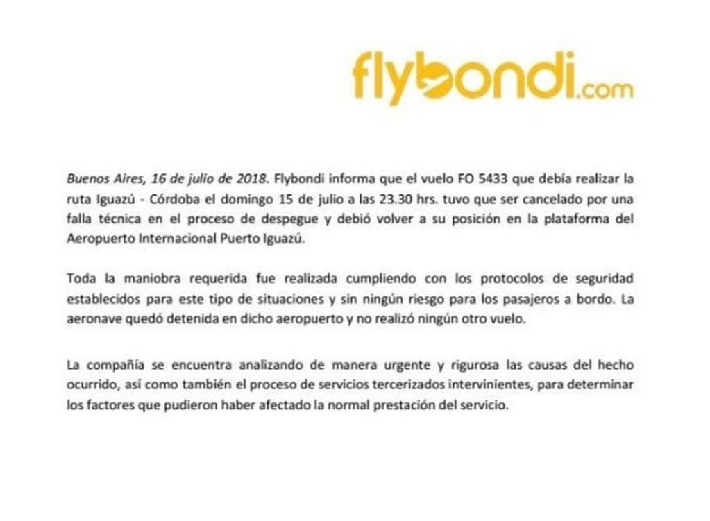 Comunicado de Flybondi sobre el incidente en Iguazú