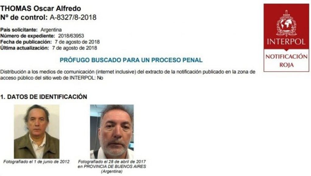 El pedido de captura de Interpol contra Oscar Thomas. (Fuente: Clarín)
