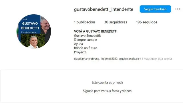 Cuenta falsa en Instagram del intendente Gustavo Benedetti