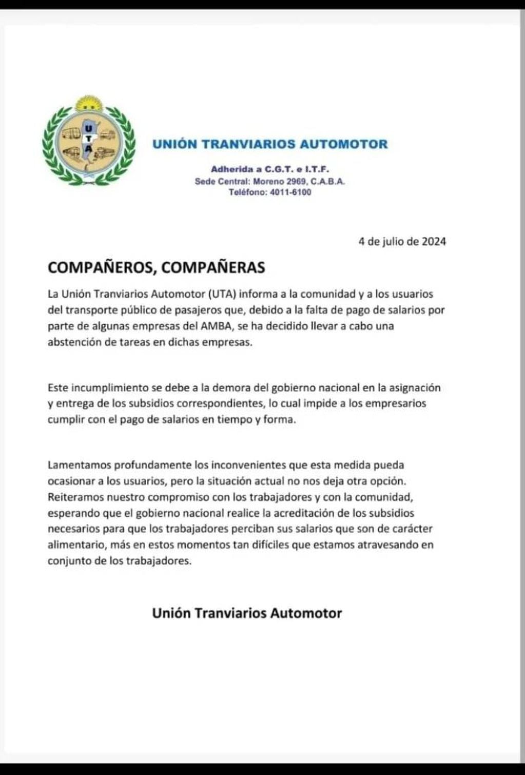 El comunicado de la UTA ante la abstención de tareas.