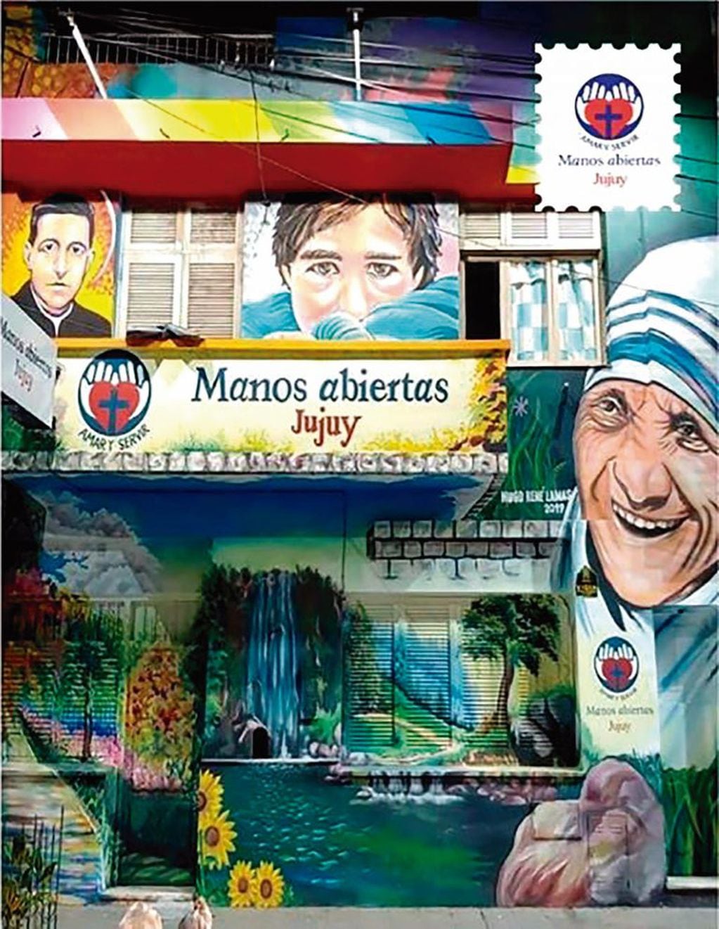 La Hospedería "San José" de la fundación Manos Abiertas Jujuy, en calle San Martín 127 de esta capital. El edificio se destaca en la ciudad por el artístico mural pintado en el frente.