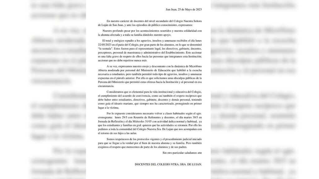 La carta de las autoridades del Colegio Luján de San Juan.
