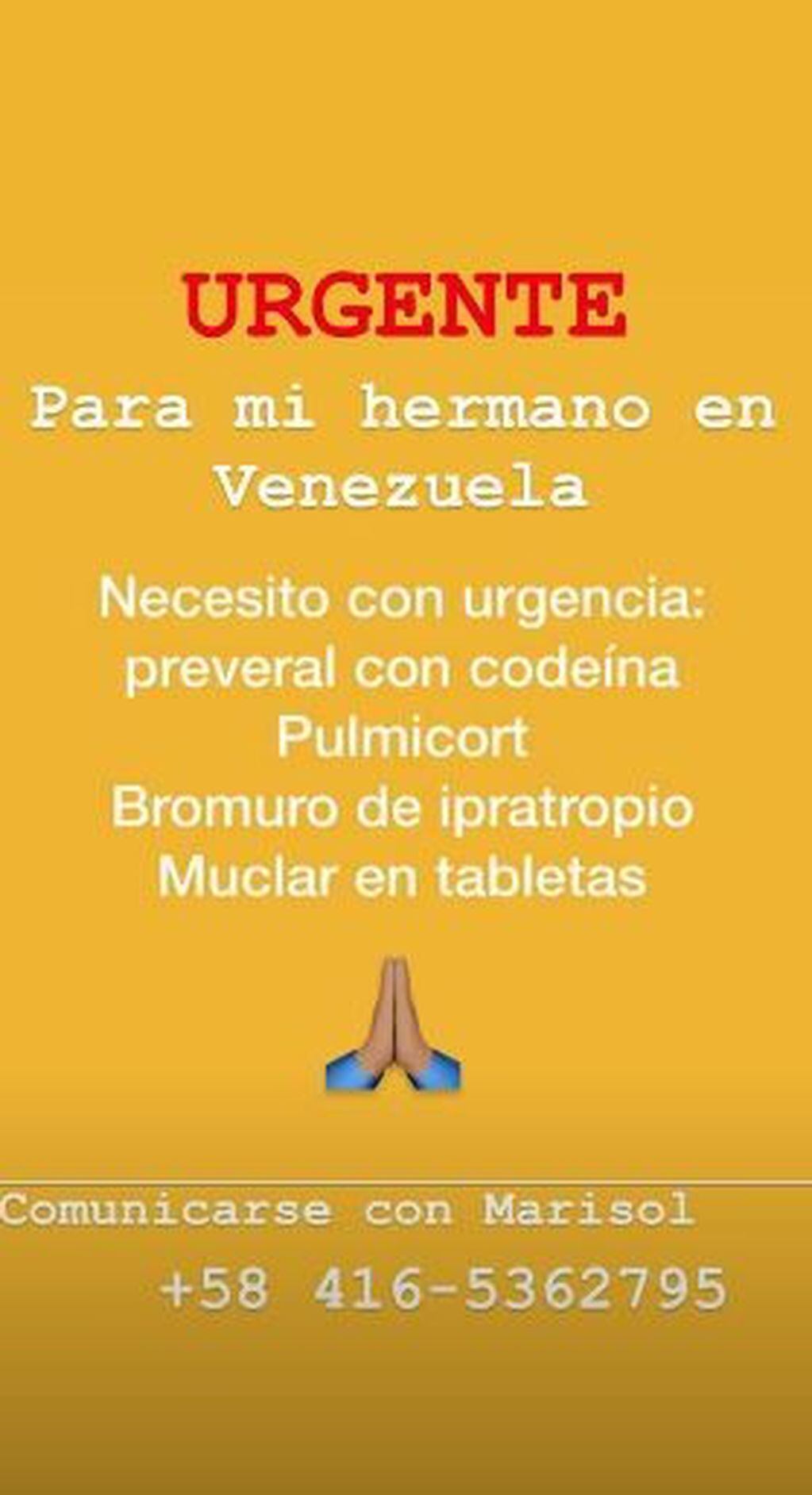 Catherine Fulop pide ayuda para conseguir los medicamentos que precisa su hermano en Venezuela. Instagram/fulopcatherine