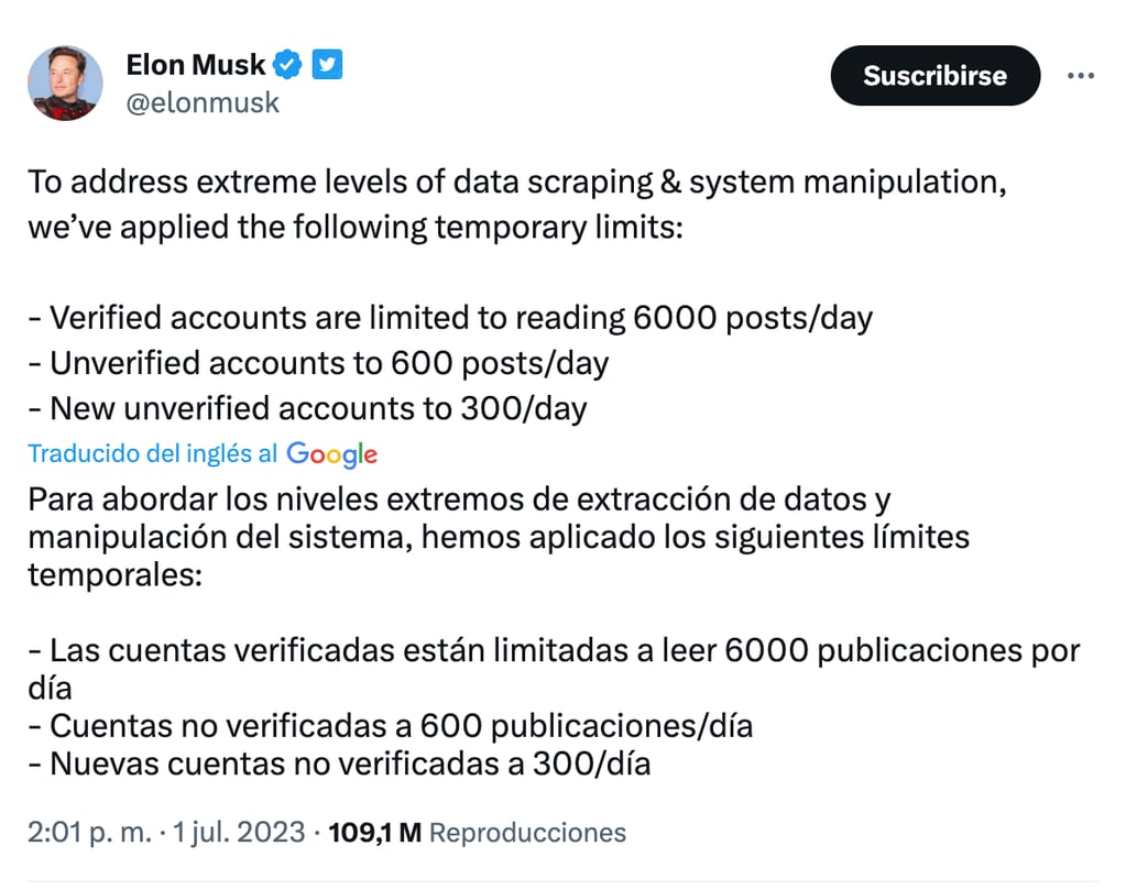 Elon Musk anunció que ya se aplican limitaciones a la visualización de tuits diarios.