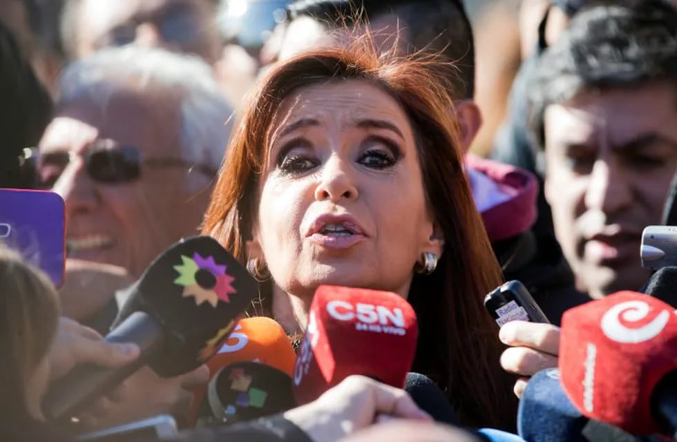 FILE - In this July 9, 2016 file photo, Argentina's former President Cristina Fernandez speaks to the media outside federal court in Buenos Aires, Argentina. On Tuesday, April 4, 2017, a Federal judge charged Fernandez and her two children as alleged leaders of an illicit association amd  of money laundering. (AP Photo/Victor R. Caivano, File) ciudad de buenos aires cristina fernandez de kirchner ex presidenta de la nacion conferencia de prensa frente a tribunales de comodoro py