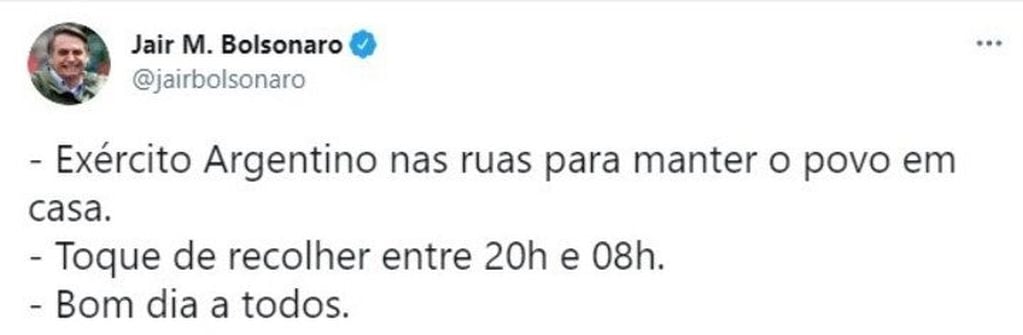 Tweet de Jair Bolsonaro sobre las restricciones en Argentina