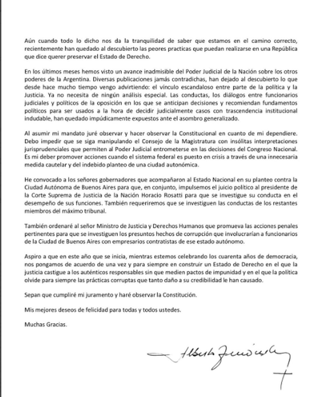 La extensa carta de Alberto Fernández sobre el juicio político contra el presidente de la Corte Suprema, Horacio Rosatti.