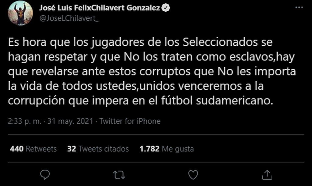 El tuit de José Luis Chilavert.