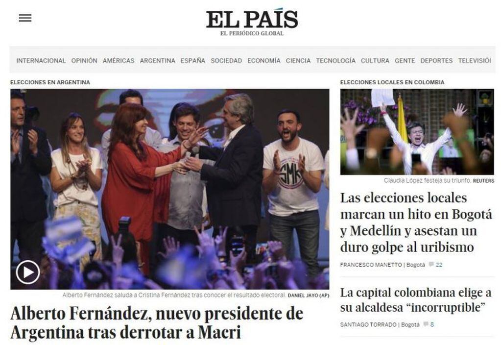 El País: "Alberto Fernández, nuevo presidente de Argentina tras derrotar a Macri".