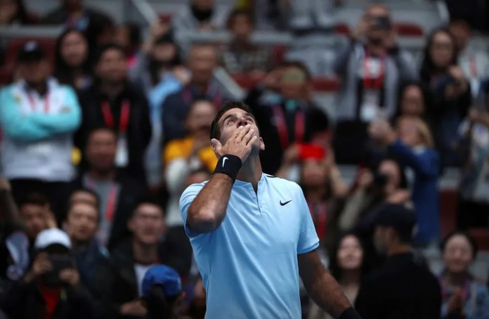 Juan Martin del Potro of Argentina reacts after beating Pablo Cuevas of Uruguay in their men's singles match in the China Open tennis tournament at the Diamond Court in Beijing, Tuesday, Oct. 3, 2017. (AP Photo/Mark Schiefelbein)