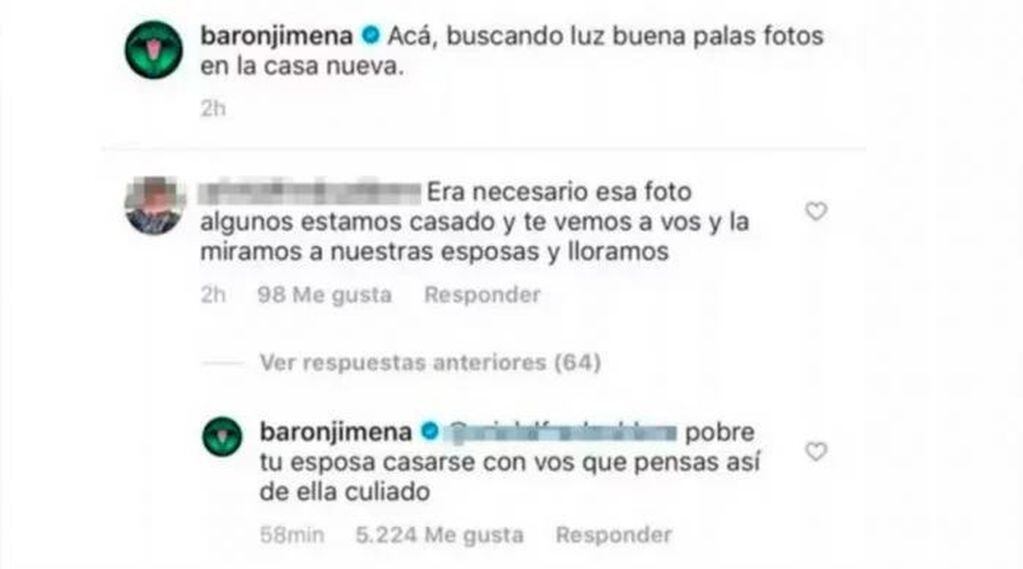 El picante cruce entre Jimena Barón y un seguidor que criticó a su esposa (Instagram/ baronjimena)