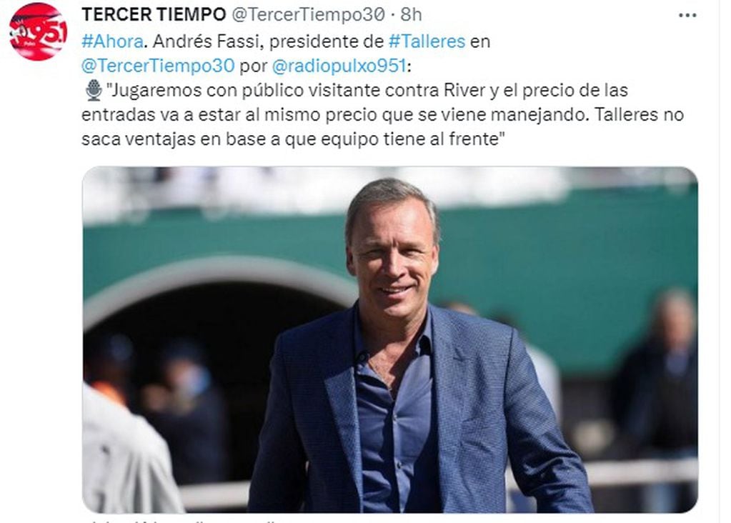 Andrés Fassi anticipó los precios de las entradas para los hinchas de River, en la visita a Talleres.
