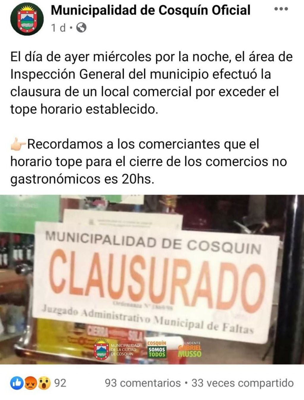 Mensaje difundido por el Municipio de la ciudad de Cosquín. (Foto: captura / Facebook Municipalidad de Cosquín Oficial).