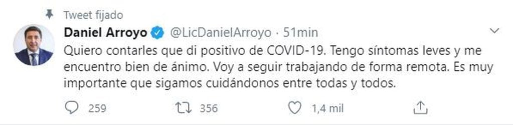 Daniel Arroyo confirmó que tiene coronavirus. (Twitter)