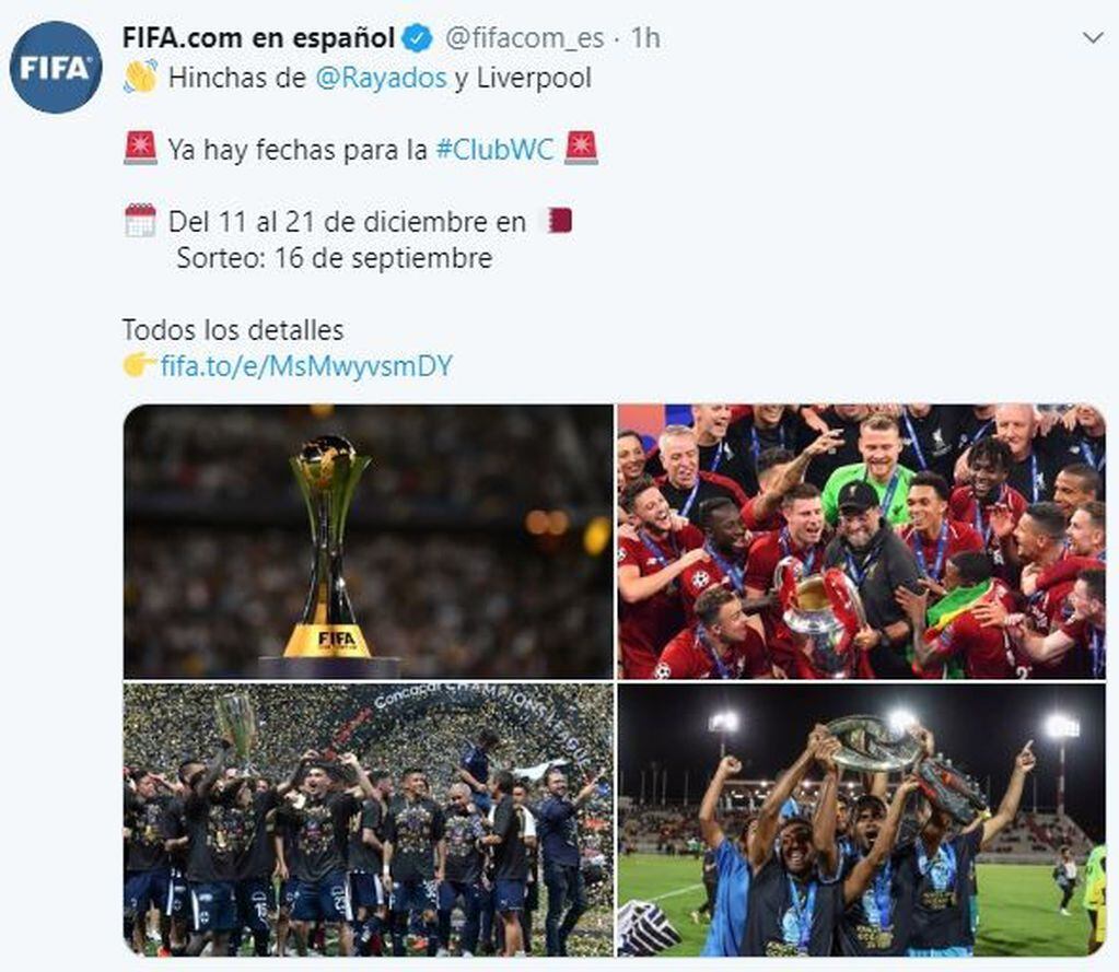 Fecha confirmada para el Mundial de Clubes 2019 (Foto: captura Twitter FIFA)