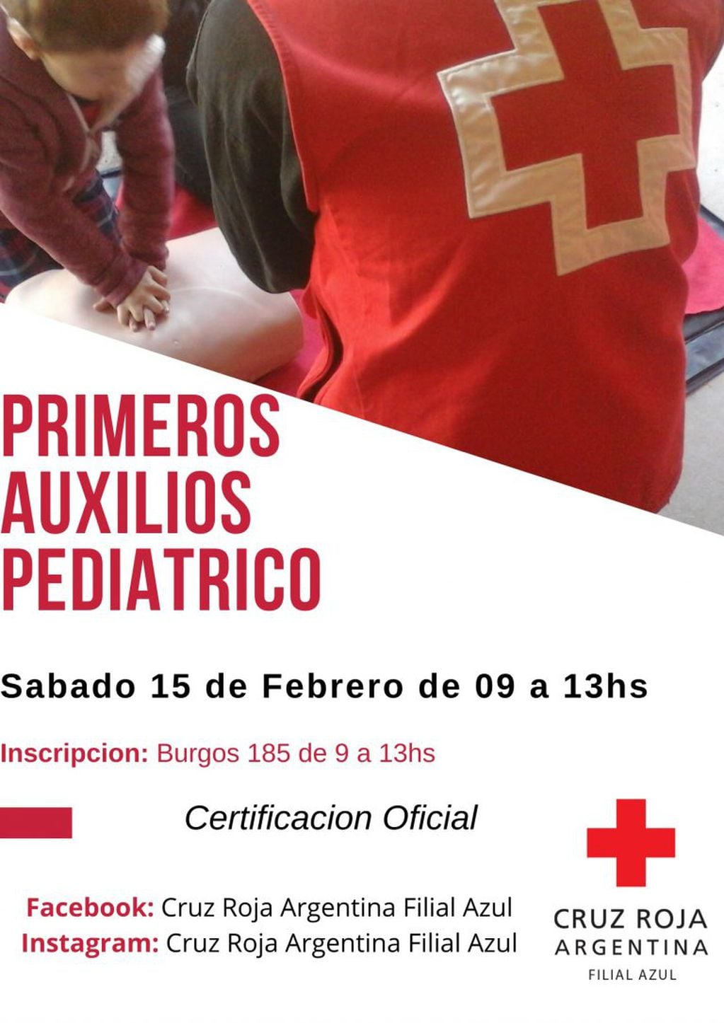 La Cruz Roja Argentina Filial Azul estará dictando un nuevo curso de Primeros Auxilios Pediátricos