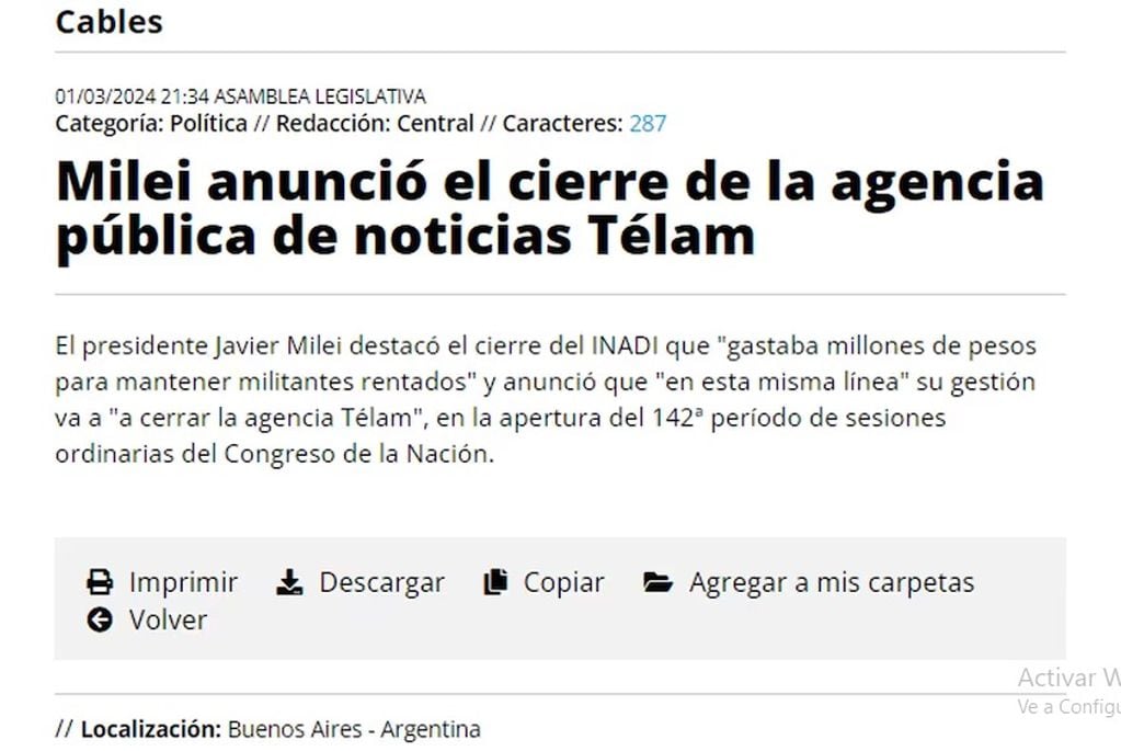 Argentina. El cable que envió Télam tras los dichos de Milei en el Congreso.