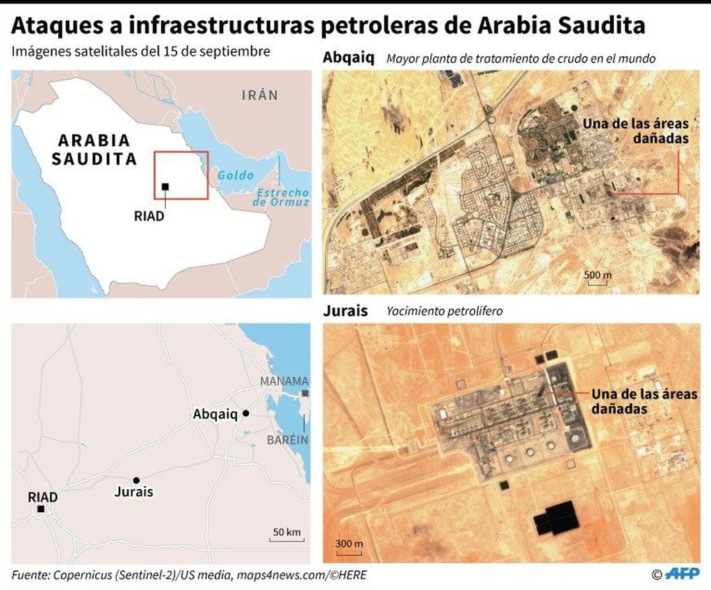 Imágenes satelitales del 15 de septiembre que muestran las áreas de instalaciones petroleras de Arabia Saudita dañadas por ataques de drones militares. Foto: AFP.