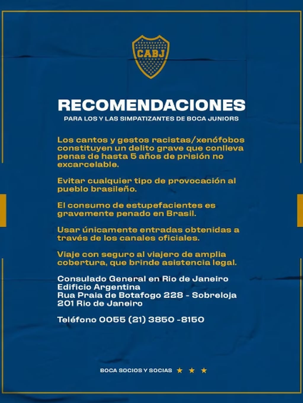 Las recomendaciones de Boca para sus hinchas en Río de Janeiro.