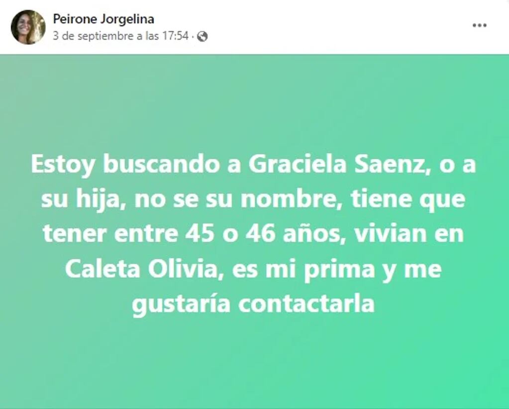 El posteo de difusión para contactar a Graciela Sanez.